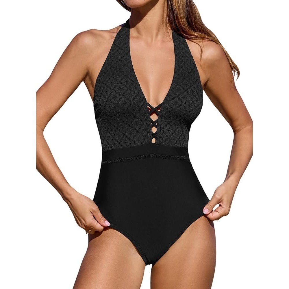 NWT Cupshe One Piece Swimsuit Suit Halter Neck Textured Swimwear Black Medium